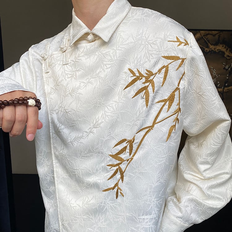 [Illustrated series] ★China style shirt★ 2color tops embroidery bamboo unisex men's black apricot