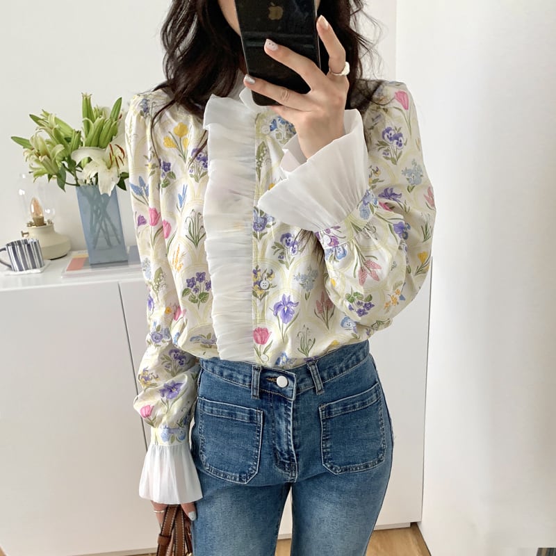 [LIANGLIANG Series]★Shirt★ Long sleeve shirt, floral pattern shirt, women's, stylish, cute, improves your temperament