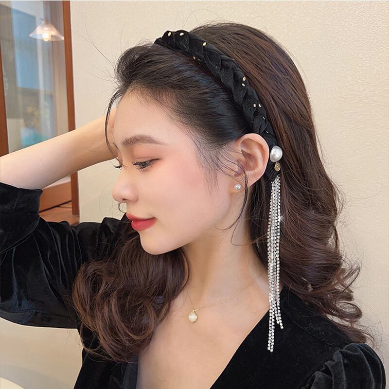 [Rainou Series] ★Headband★ 2color Hair Ornament Accessory Velvet Black Black Asymmetrical Fringe