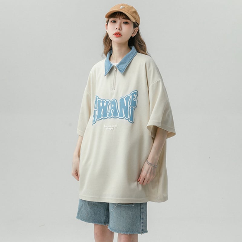 【藤伊曼シリーズ】★Tシャツ★ トップス 3color 男女兼用 メンズ POLOネック アルファベット 夏服