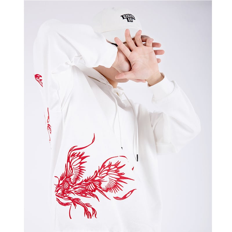 [Machiha clan series]★China style hoodie★ 2color black or white gold phoenix red phoenix embroidery stylish unique unisex men's