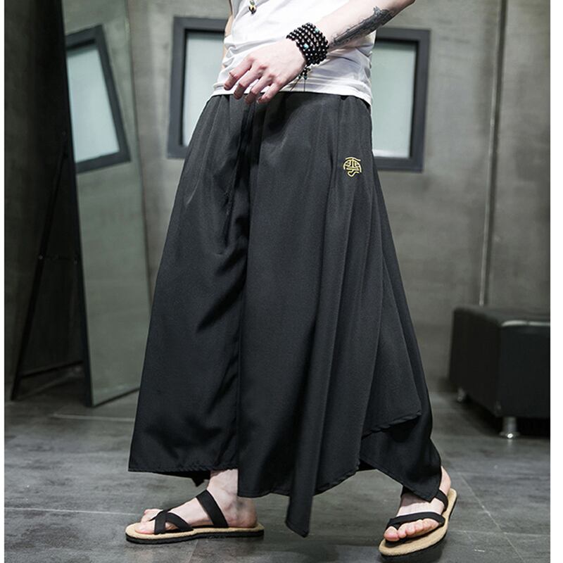 [Small Trouble Series]★China Style Pants★ Gaucho Pants Bottoms Unisex Men's Large Size Plain Black Retro