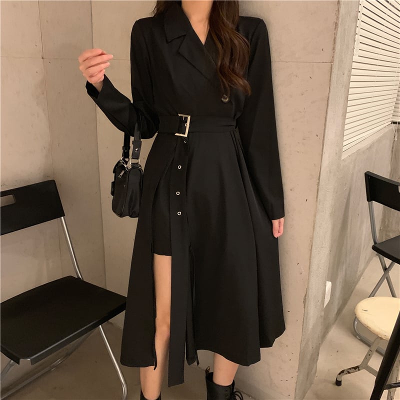 Long dress, irregular V-neck, slimming, black, super cheap, beautiful leg silhouette, fashion