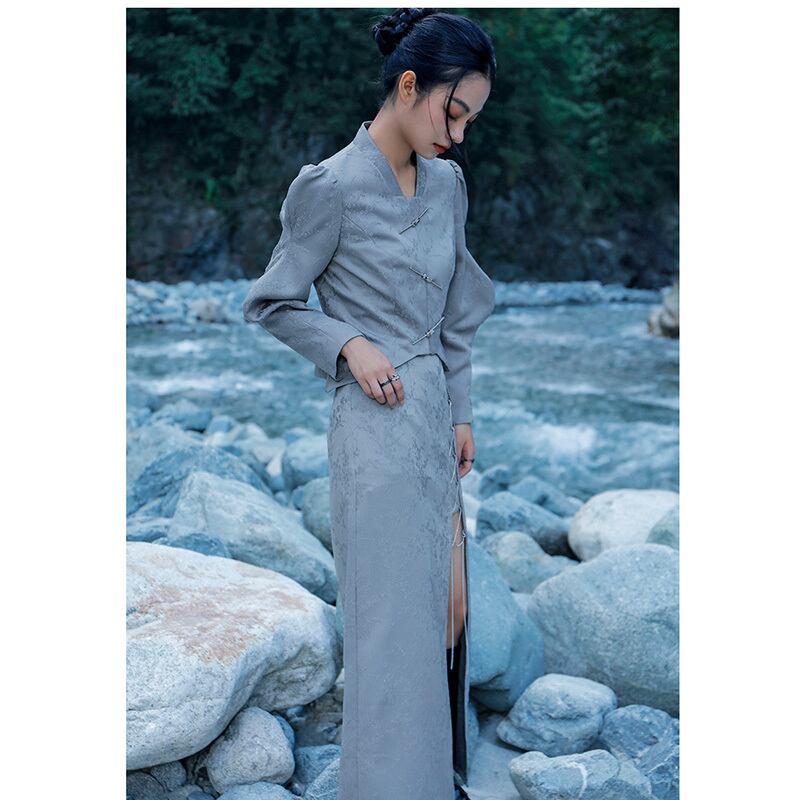 [Big Blue Dragon Series] ★China style outerwear★ Mini length with design Original Gray Gray Improves temperament