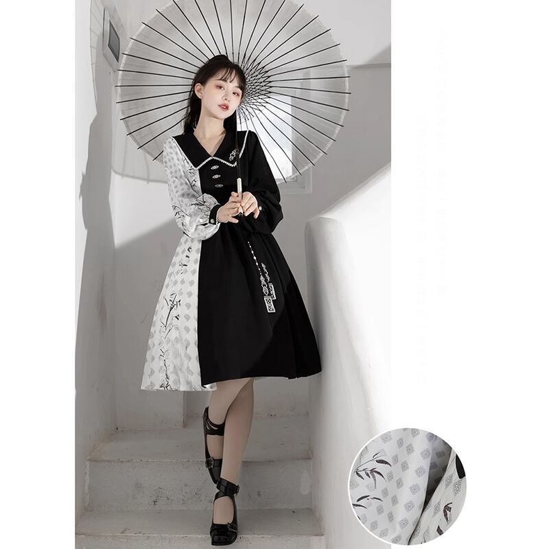 [Dust Smoke Cloud Dream---Boku Bamboo Series] ★Chinese style dress★ Long sleeve switching bamboo Chinese clothing Black Black SML Original Cute