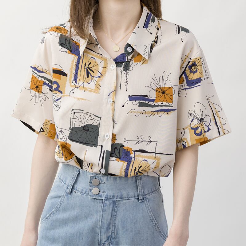 [YOUZI Series]★Retro Shirt★ Tops Printed Short Sleeves Floral Pattern Oil Painting Style Commuting Date Office Lady Office Improves Temperament