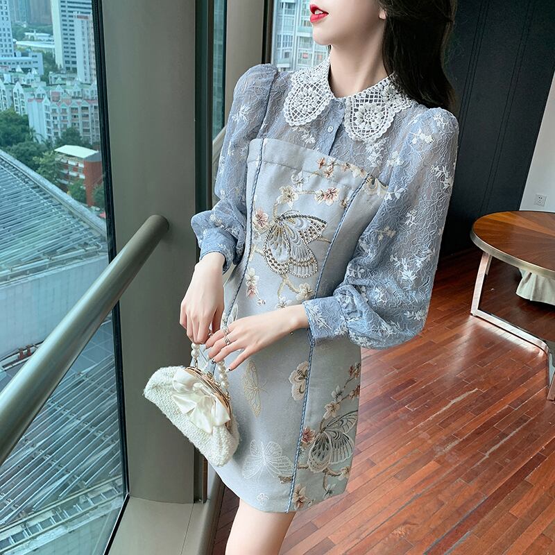 [Yuyubei Ura Series] ★Chinese style dress★ Switching lace blue blue cute date improving temperament