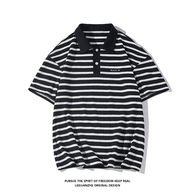 [BIGEMAN Series]★Polo shirt★ Tops 2color Unisex Men's Large size Striped pattern Horizontal stripes