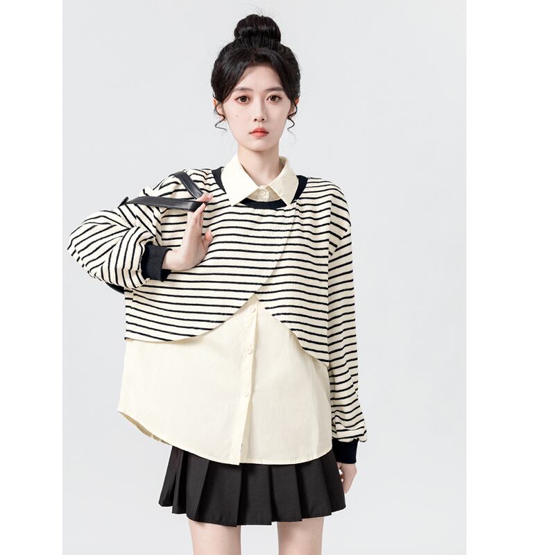 [WEIWU Series] ★Tops★ Fake layered horizontal stripes striped pattern POLO neck fashion SML