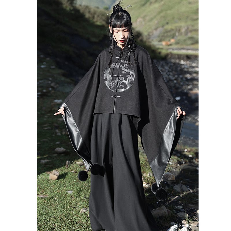 [Da Qinglong Shu Series] ★China style outerwear★ Cloak coat Rasha embroidery Chinese clothing Black Black Irregular