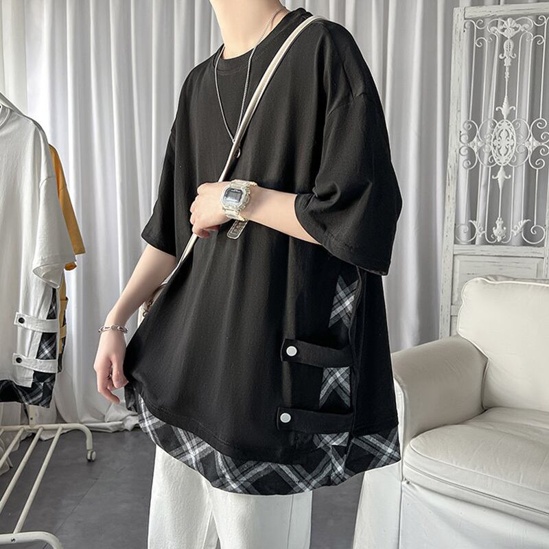 [YOULIN Series]★T-shirt★ Tops 2color Unisex Men's Fake Layered White Black Plaid Pattern