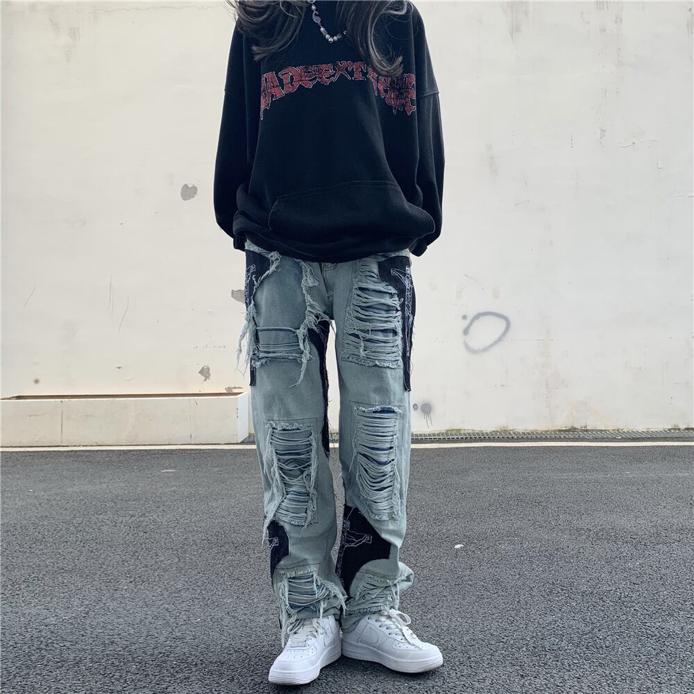 [OOTDstudio Series]★Denim Pants★ Bottoms Unisex Men's Large Size Distressed Fashion