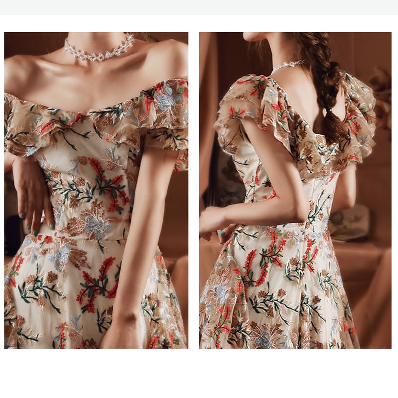 [YUWANRU Series] ★Party Dress★ Embroidery Dress Floral Pattern Sexy Party Dress Wedding