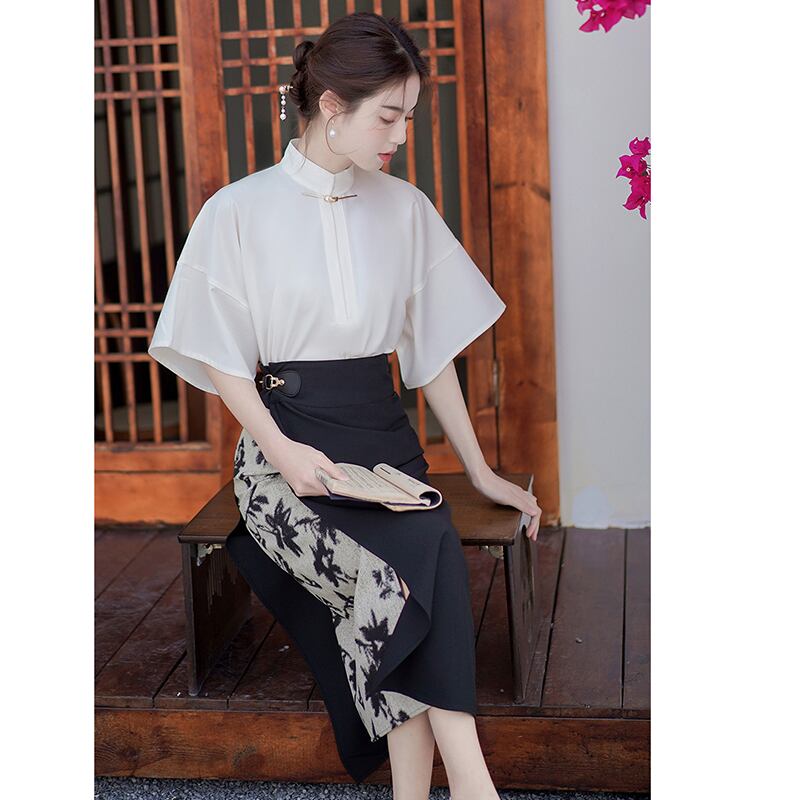 [BRMFUGU series]★China style skirt★Bottoms, slimming, floral pattern, Chinese elements, Chinese clothes, switching black, black