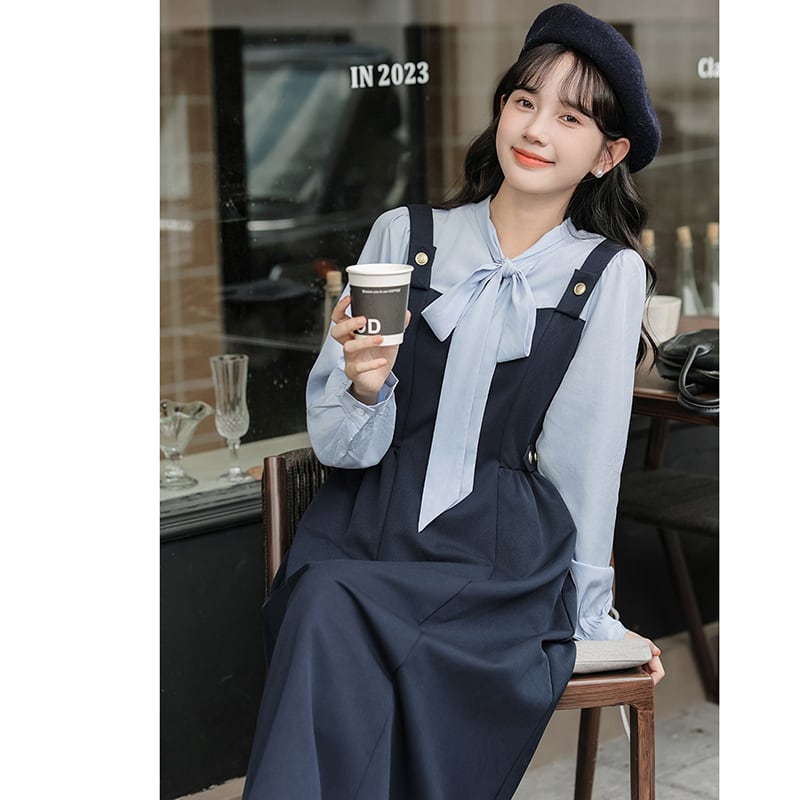 [MEIYI Series] ★One Piece★ Long Length Faux Layered Ribbon Women's Commuting Date Navy Blue