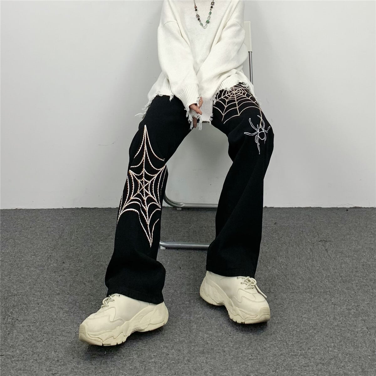 [MGJM Series]★Casual Pants★ Trousers Bottoms Denim Pants Unisex Men's Spider Black Black