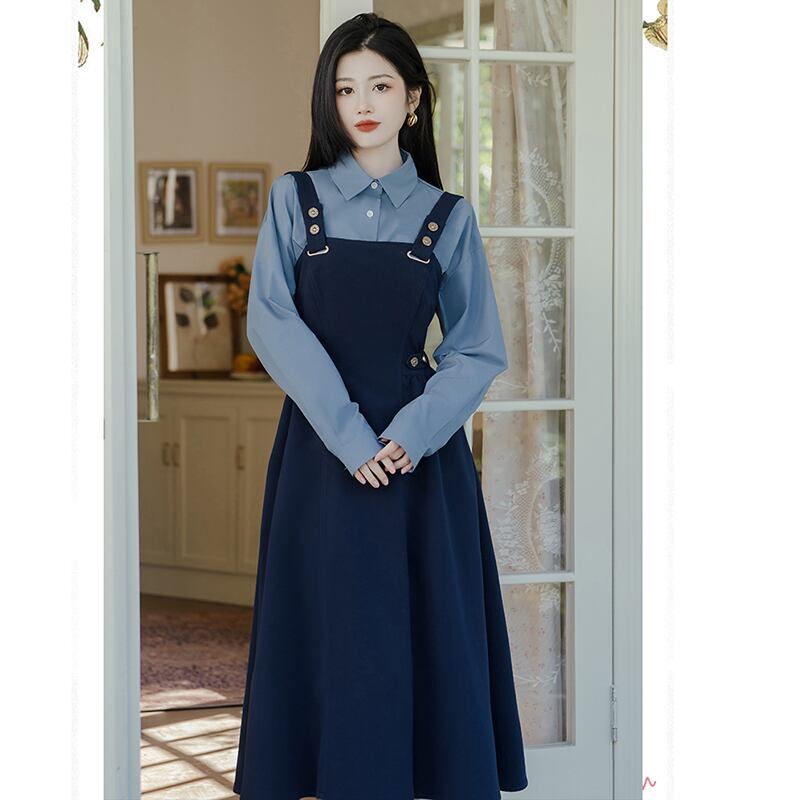 [Rinroki Series]★Setup★ 2-piece set Hanging dress + shirt Women's Blue Blue Commuting Date