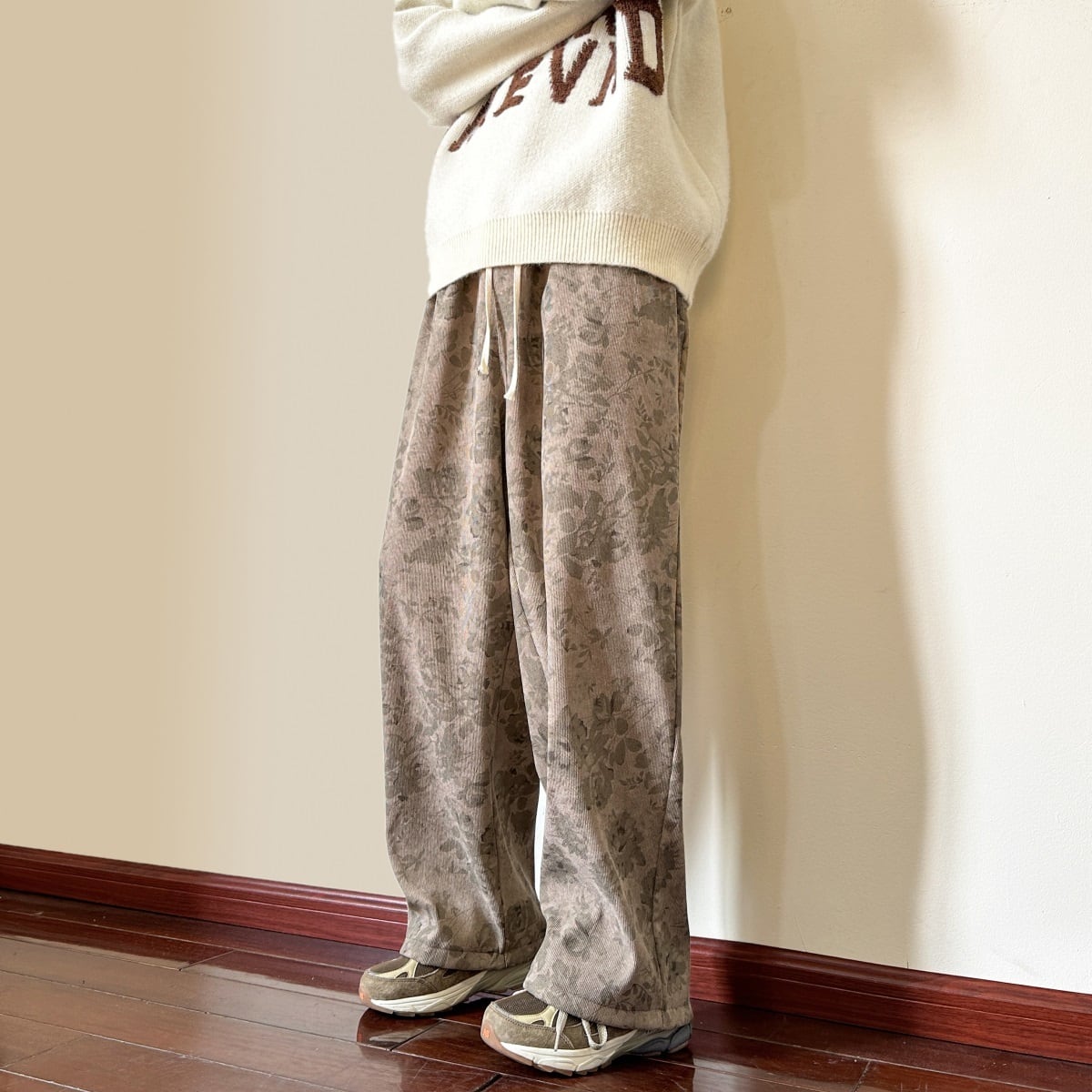 [V37 Series]★Casual Pants★ Brushed lining available 2color Floral pattern Unisex Men's Brown Gray