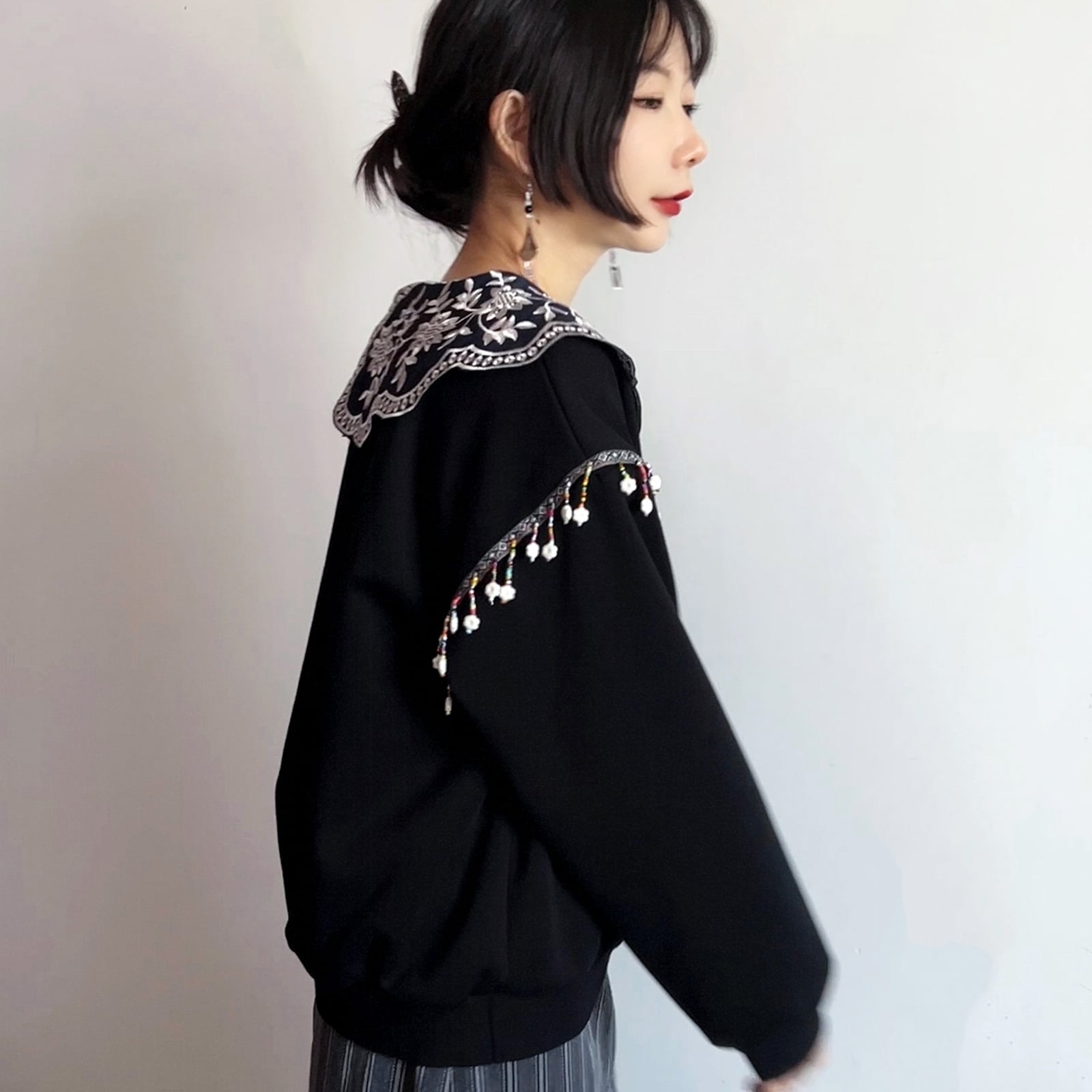 [True Fish Series]★China style top★ Embroidered fringe ladies long sleeve cute collar large size black