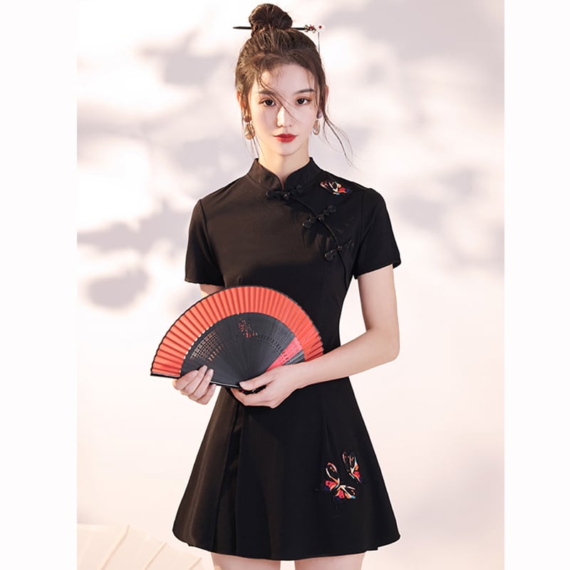 [Taibi Shiba Series]★China style setup★Cheongsam dress + shorts 2-piece set Butterfly Black Black