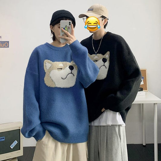 [Emeisa Series] ★Sweater★ 3color Knit Tops Unisex Men's Dog Animal Black Gray Blue