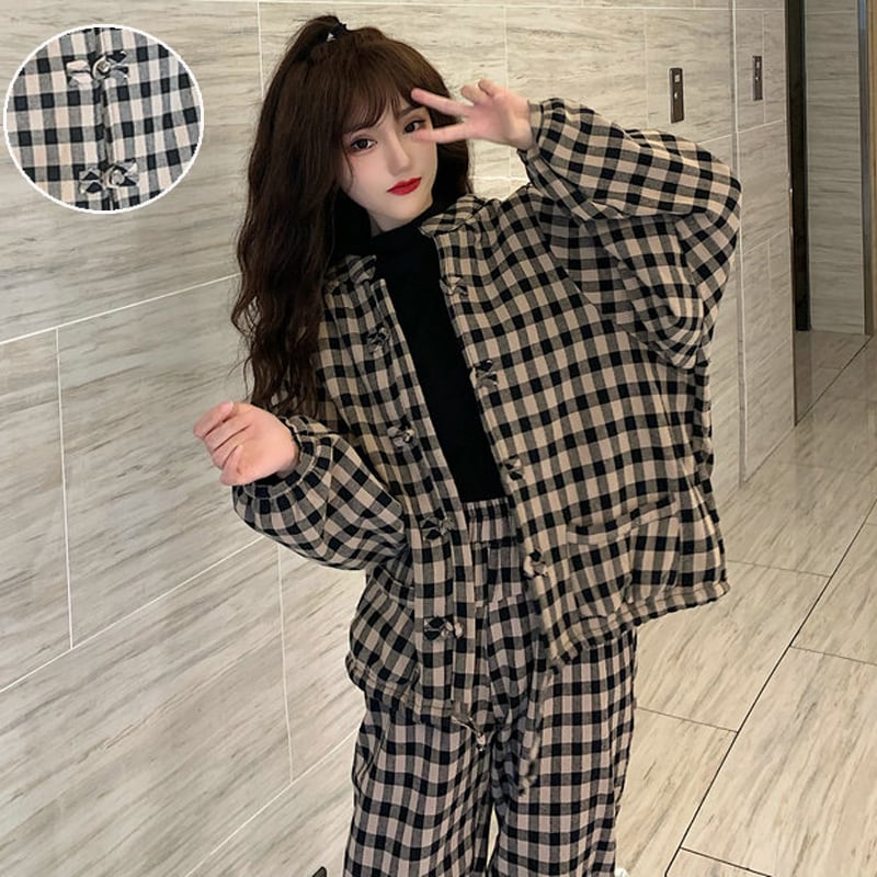 [Myojo Girl Series] ★China style setup★ 2-piece set Chinese clothes, improved Tang clothes, plaid pattern, thick autumn clothes, winter clothes ML XL 2XL