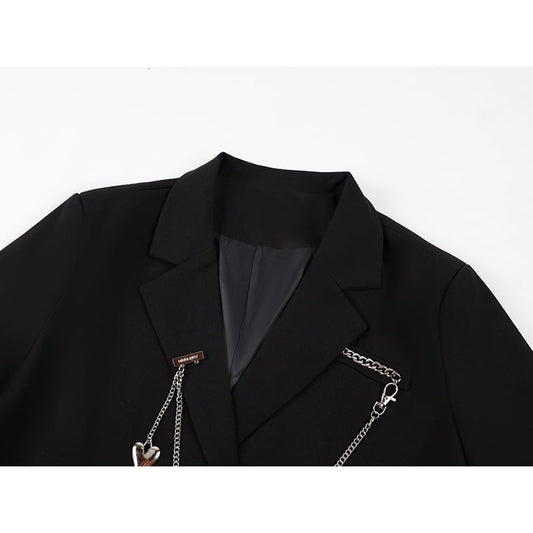 [LHSEN Series]★Blazer★ Outerwear with decorations Mini length Easy to match with design Black S M L XL