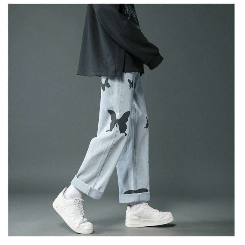 [Snow Qiongsi Series]★Denim Pants★ 2color Bottoms Pants Unisex Men's Butterfly Print Unique Black Blue