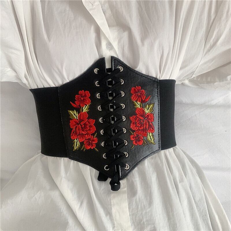 [Yuwei Series]★Belt★ Elastic Embroidered Rose Accessory Small Item Black Black Easy to match