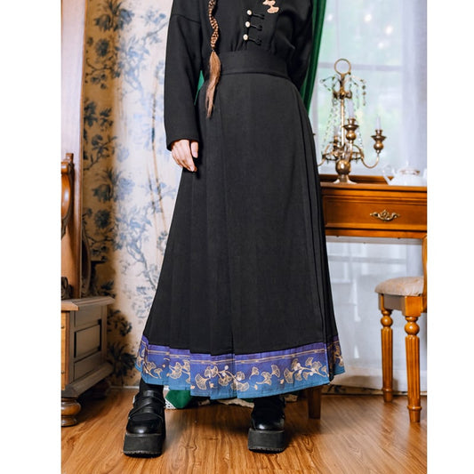 [Kokaisha --- Leaf Collection Series] ★Chinese style skirt★ Bottoms Hanfu skirt Switching Black Black