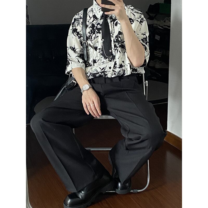 [MDYCD Series]★Shirt with Tie★ 2color Floral Print Shirt Tops Short Sleeve Shirt Unisex Men's Black White