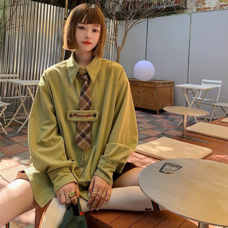 [Left Sister Series] ★Shirt with tie★ Tops Green or Purple 2 colors Corduroy Green Purple Cute