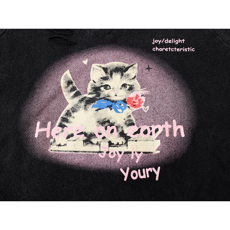 【LHSENシリーズ】★トップス★ Tシャツ ショート丈 デザイン性有り 着痩せ ネコ ねこ 猫 ブラック 黒い