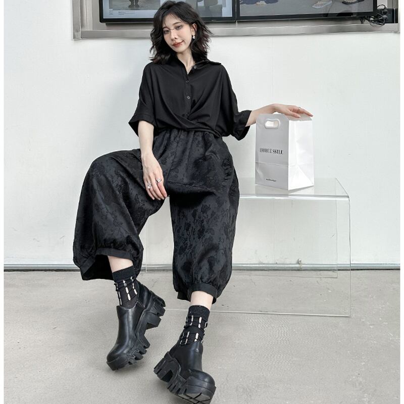 [YIDAO Series] ★China style trousers★ Daily wear, Chinese clothes, black, easy to match, nine-quarter length, summer clothes, loose-fitting