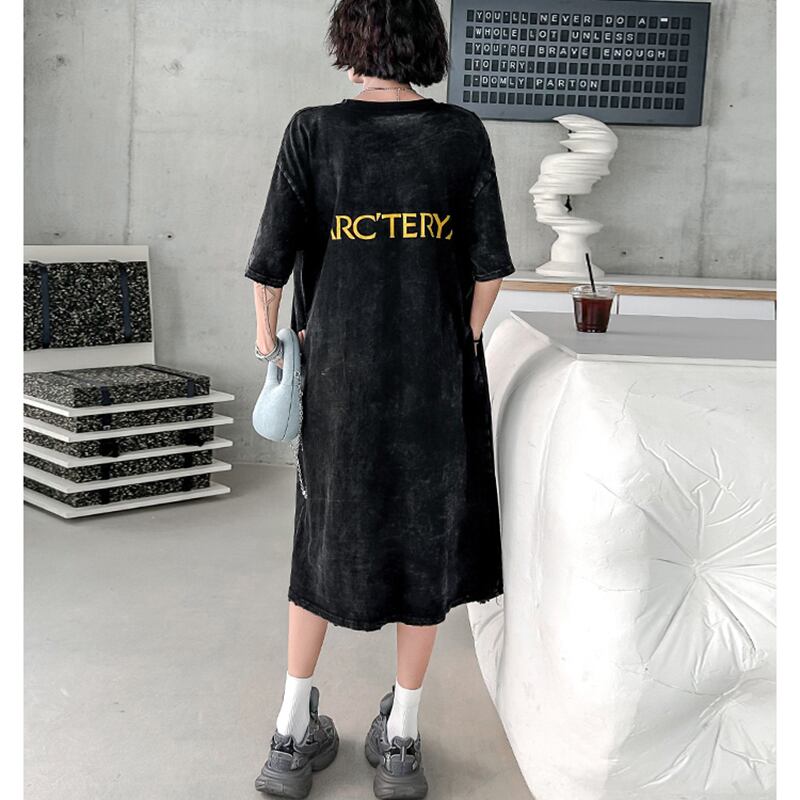 [YIDAO Series] ★T-shirt dress★ Print retro loose casual summer clothes black black