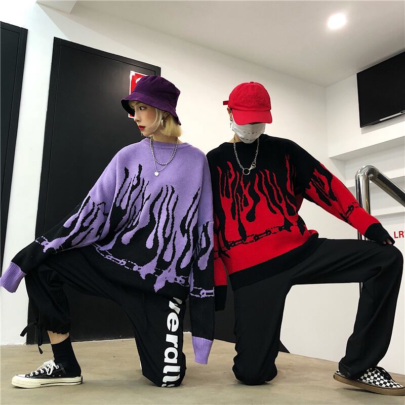 [OOTDstudio Series]★Sweater★ 2color Tops Flame Flame Pattern Knit Tops Unisex Men's Red Purple