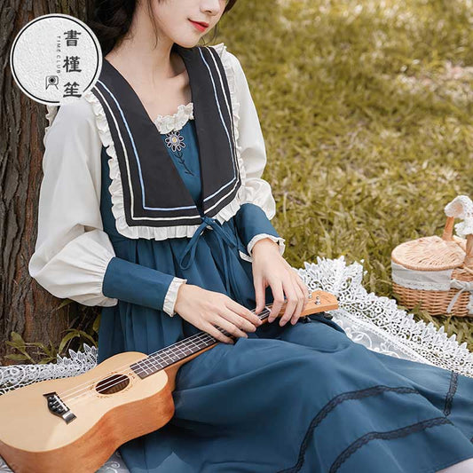 [Shokensho Series] ★Long dress★ JK style sailor uniform color scheme cute Lolita clothes retro blue blue