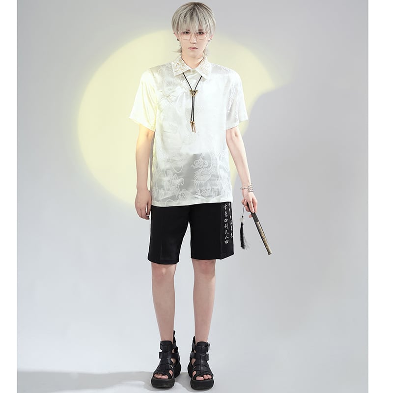 [Kyodo Series]★China style shirt★ Tops 2color Unisex Men's Dragon pattern Dragon pattern Black White