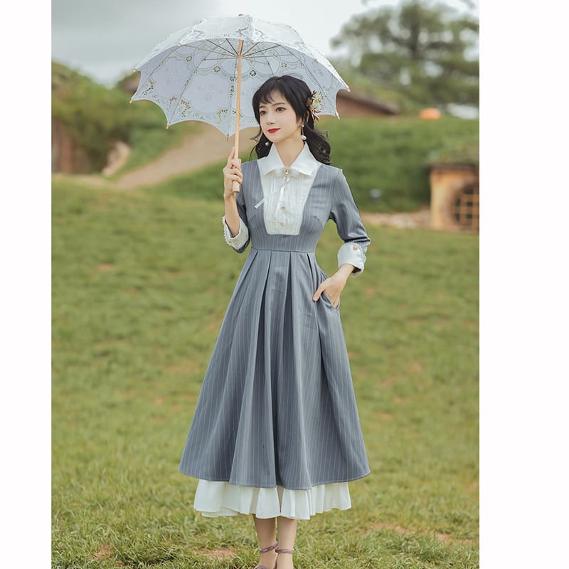 [Tatsuko Chenis Series] ★Long-sleeved dress★ Retro literary style Improves temperament Striped pattern Vertical stripes Gray Gray S M L XL