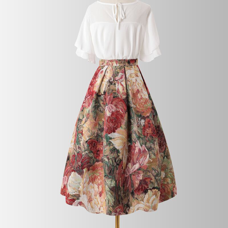 [MOERBEN Series]★Skirt★ Oil painting style bottoms Fashion Red Cute Floral pattern Retro Large size