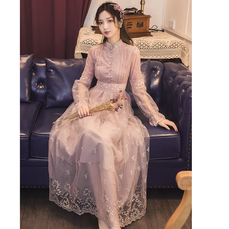 [Kasa no Castle Series]★China style dress★ Lace Princess Light Purple Long Sleeve Date Cute Retro