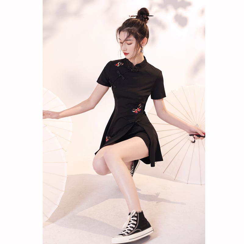 [Taibi Shiba Series]★China style setup★Cheongsam dress + shorts 2-piece set Butterfly Black Black