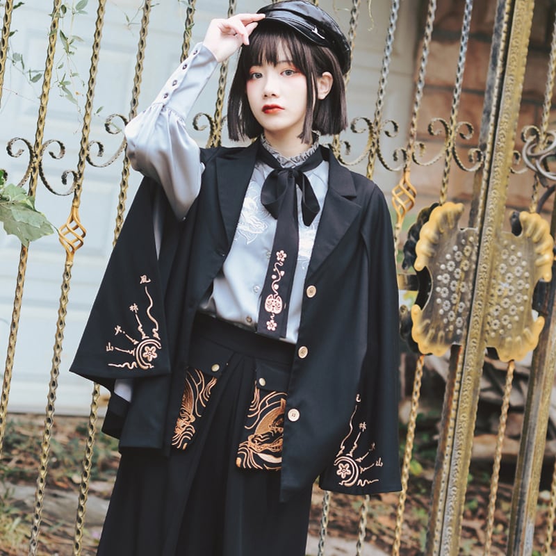 [Kokaisha---Mou Series] ★Chinese-style outerwear★ Cloak, embroidered, fashionable, black, ML, original, slimming