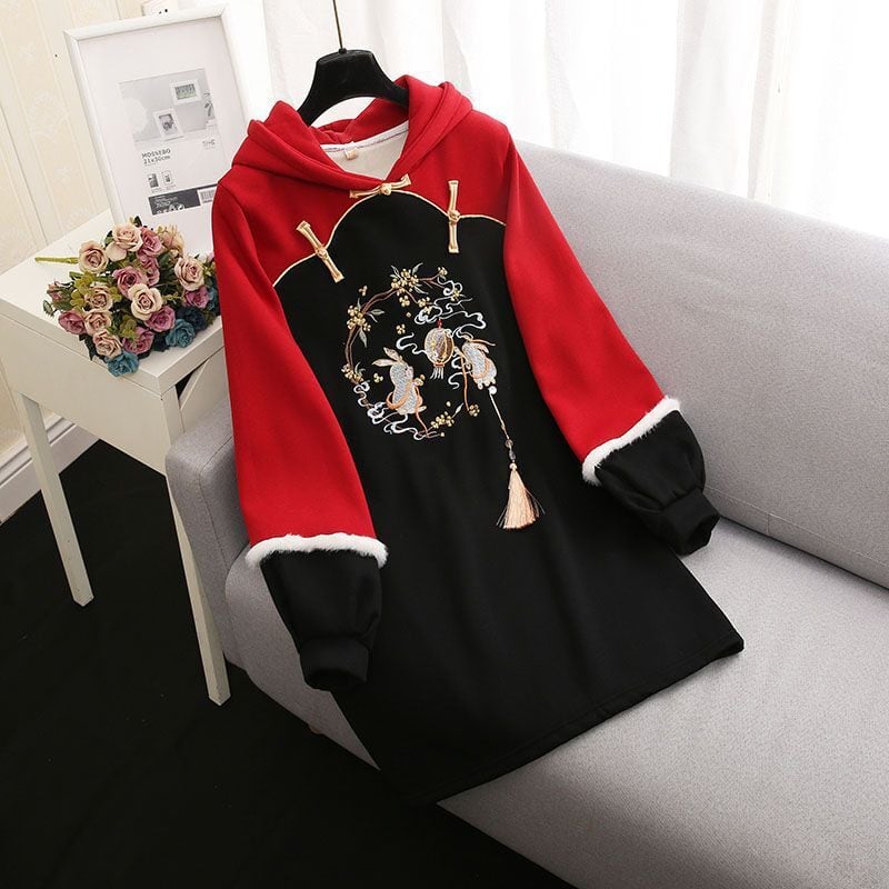 [Silk Series] ★Chinese style hoodie★ Fleece lining 2color hoodie dress Chinese clothing embroidery large size