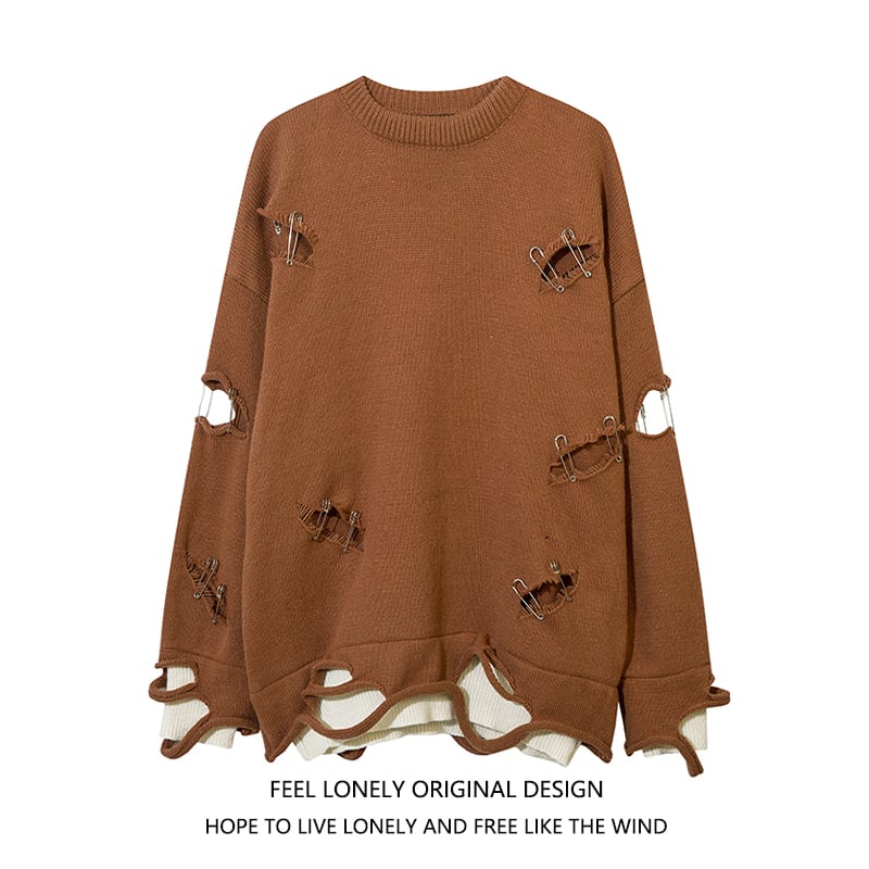 [Feel lonely series]★Sweater★ 2color tops Unisex Men's Distressed Stylish Black Brown