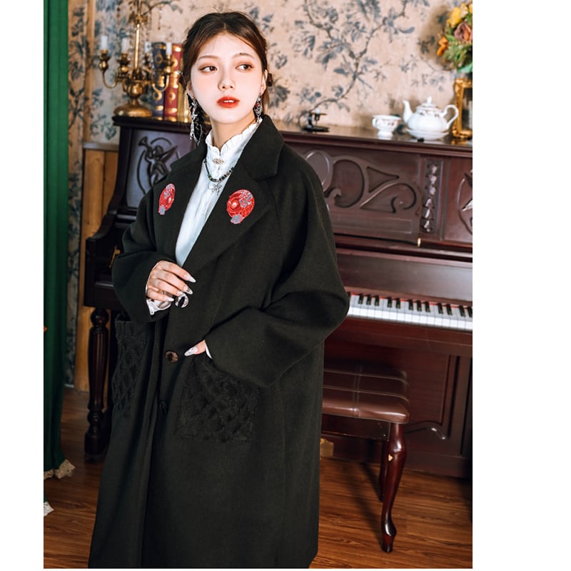 [Ancient ghost house---Shanhai-kei series] ★China style coat★ Lasha embroidery, long length, thick, black, black, easy to match