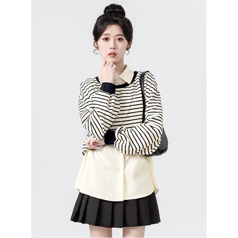 [WEIWU Series] ★Tops★ Fake layered horizontal stripes striped pattern POLO neck fashion SML