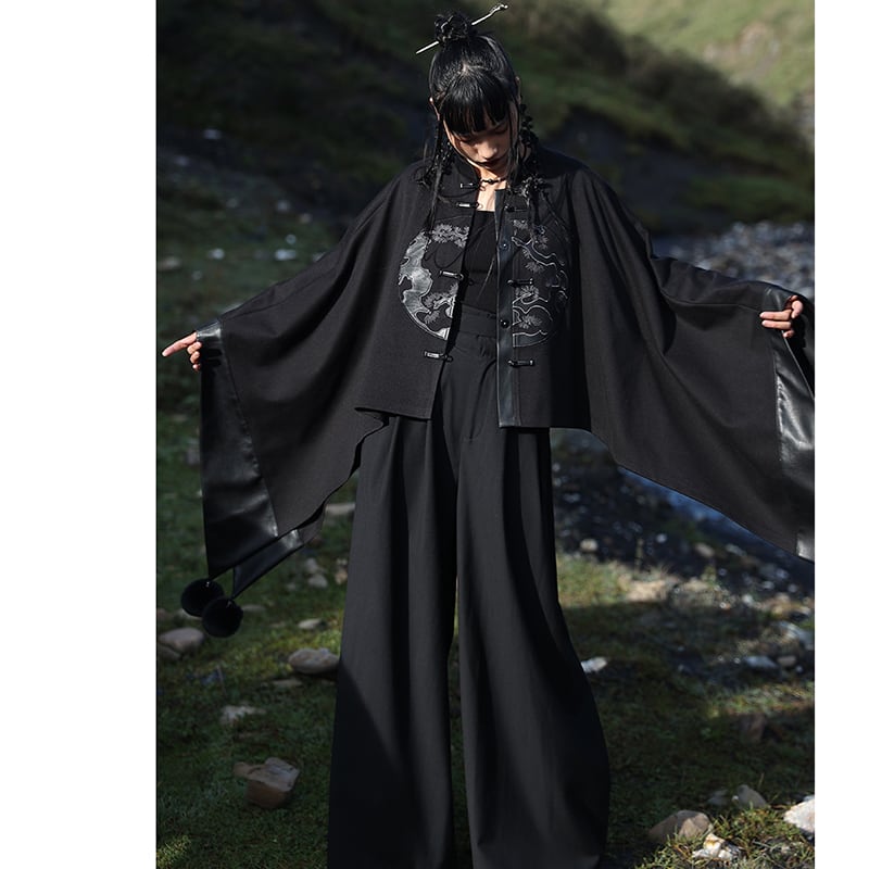 [Da Qinglong Shu Series] ★China style outerwear★ Cloak coat Rasha embroidery Chinese clothing Black Black Irregular