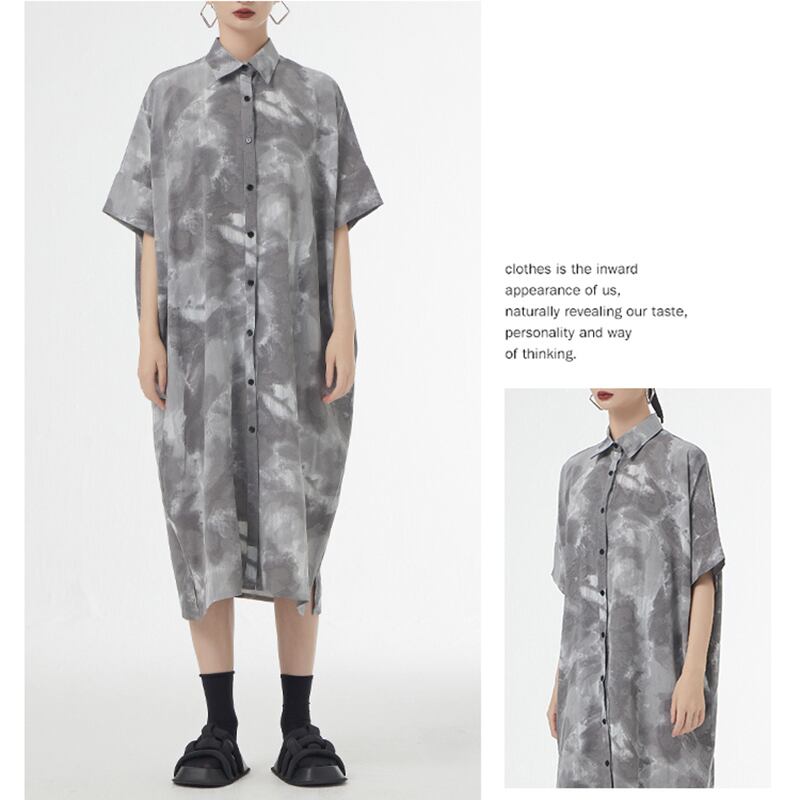 [YIDAO Series]★Shirt dress★ 2color long shirt print retro floral pattern loose blue gray summer clothes