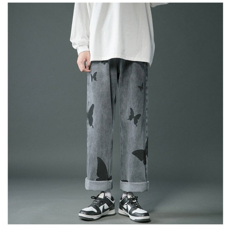 [Snow Qiongsi Series]★Denim Pants★ 2color Bottoms Pants Unisex Men's Butterfly Print Unique Black Blue